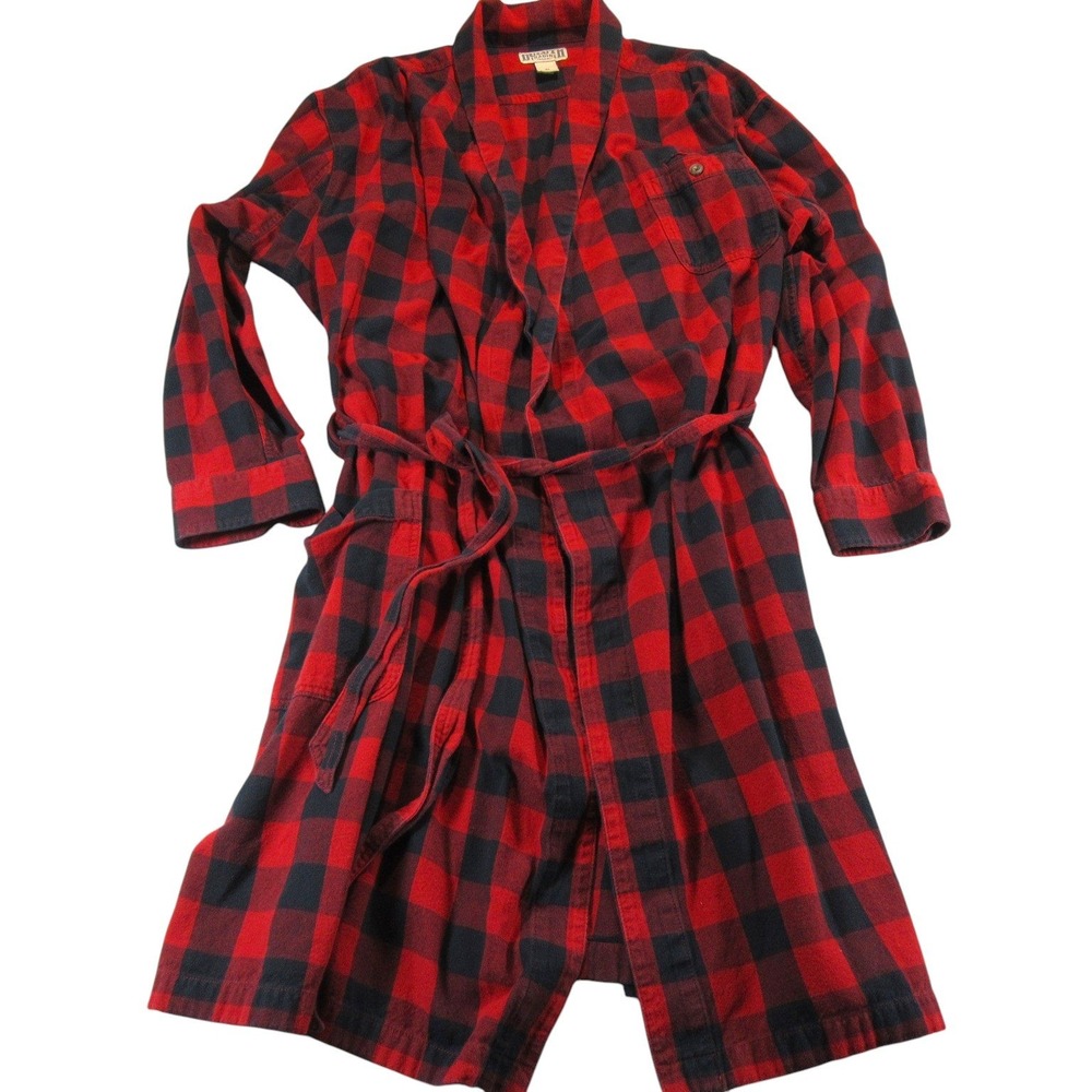 Duluth Trading Co Mens Robe XL Red Black Buffalo Check Flannel Cotton Belted